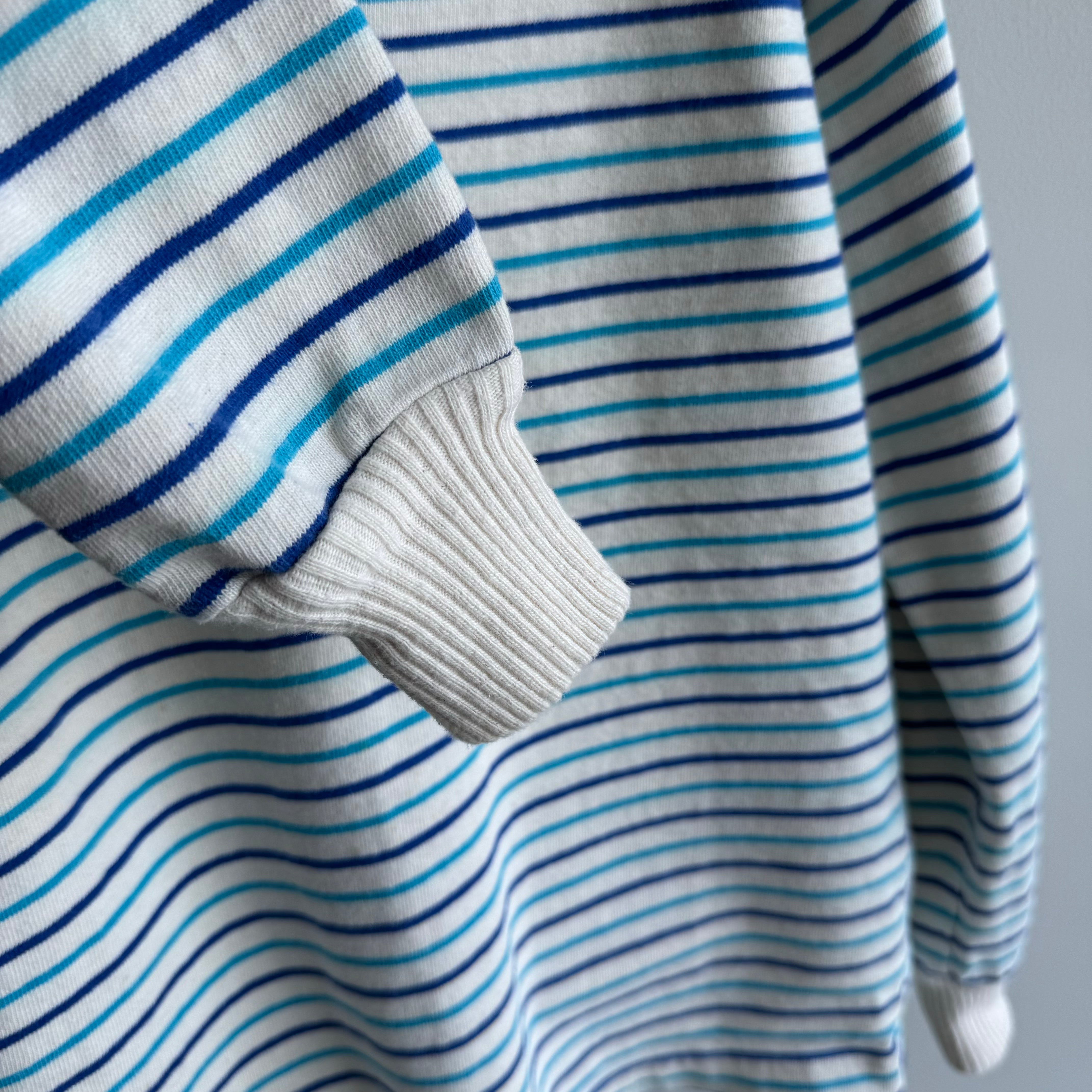 1980s Heavyweight Blue and Natural White Striped Rugby Shirt - So Good