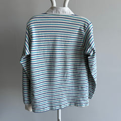 1980s Heavyweight Blue and Natural White Striped Rugby Shirt - So Good