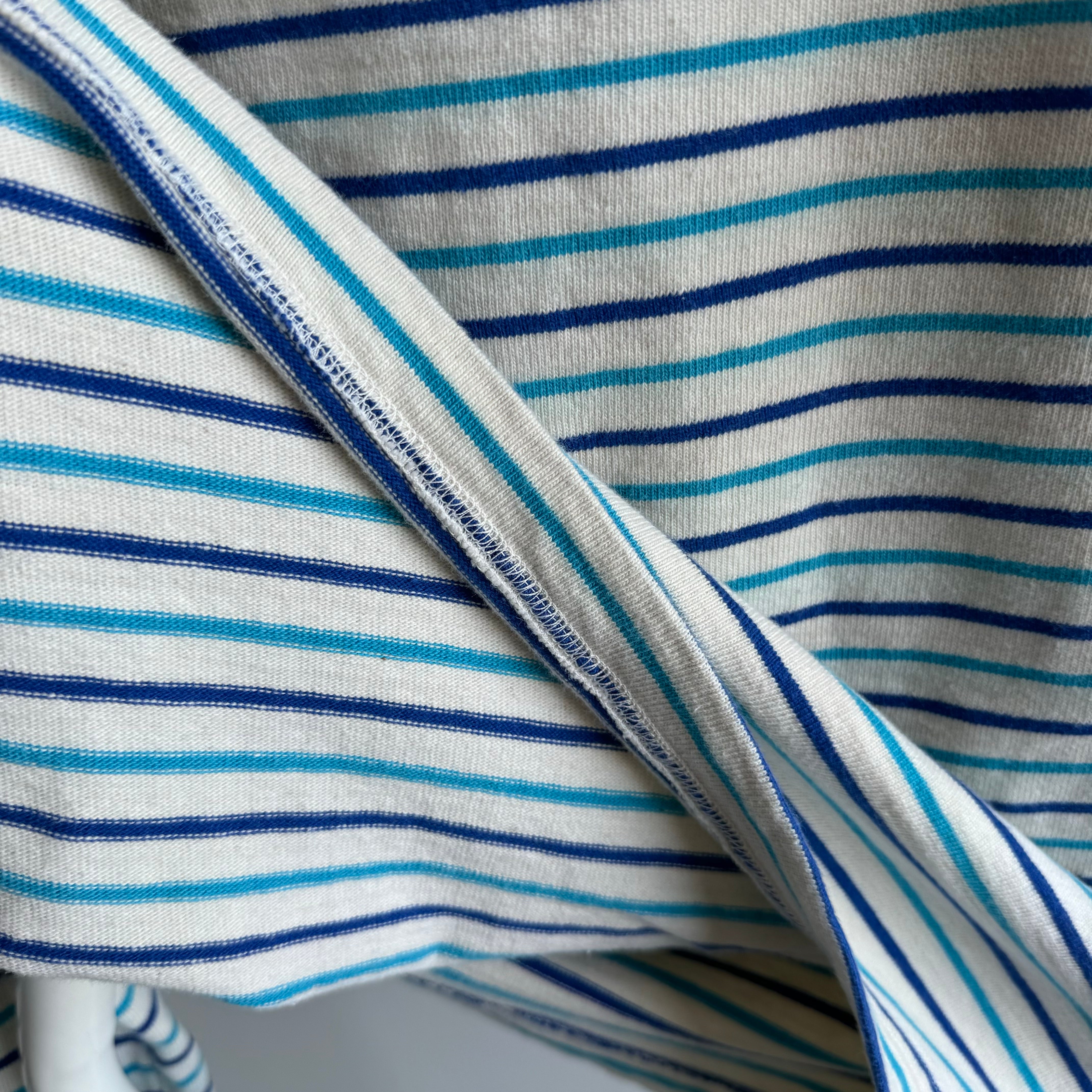 1980s Heavyweight Blue and Natural White Striped Rugby Shirt - So Good