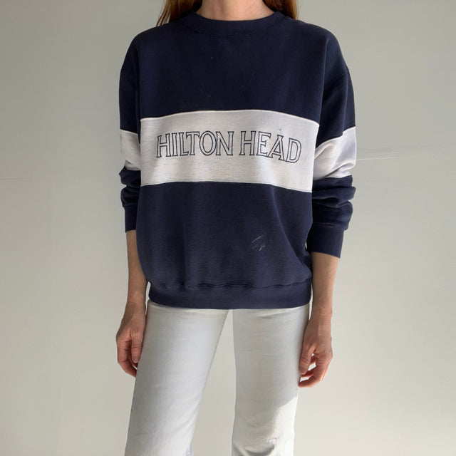 1980s Thinned Out and Worn Hilton Head Color Block Sweatshirt