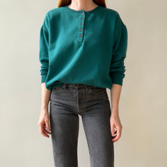 1980s Deep Teal Blue Green Henley Sweatshirt - Fun Fit