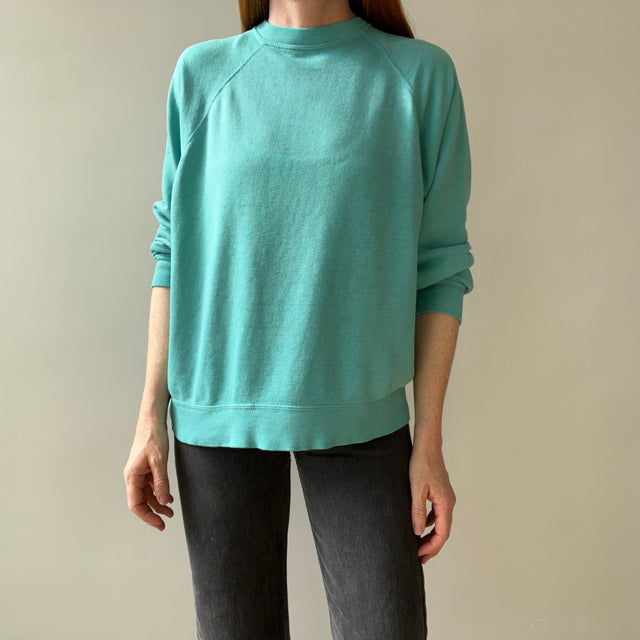 1980s Paper Thin Worn Out Sea Foam Blue Geen But Blue But Green Raglan Sweatshirt