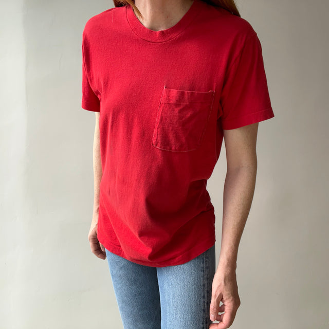 1980s White Contrast Pocket Stitching on this Red Stained Beauty T-Shirt