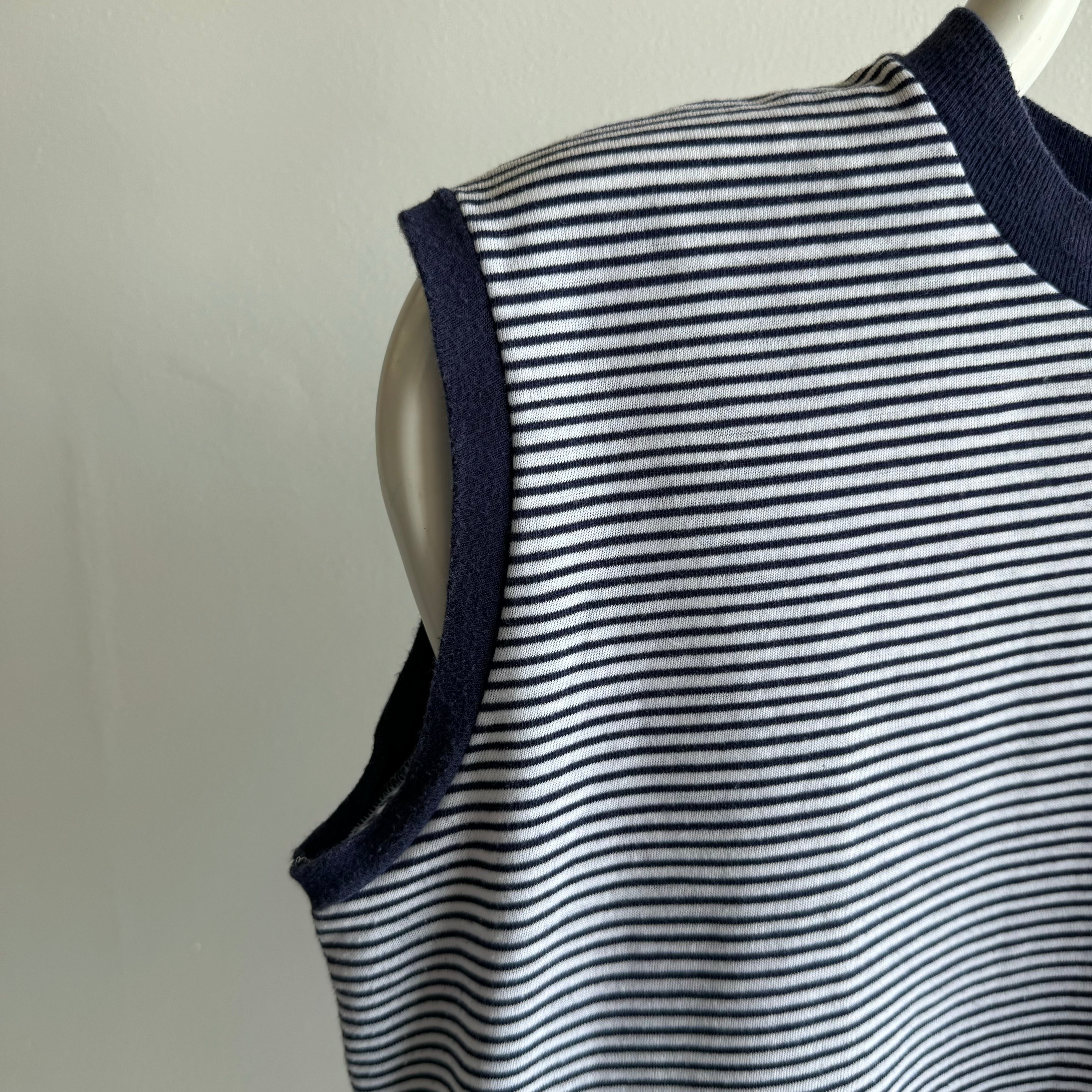 1970/80 Navy and White Striped Cotton Muscle Tank Top