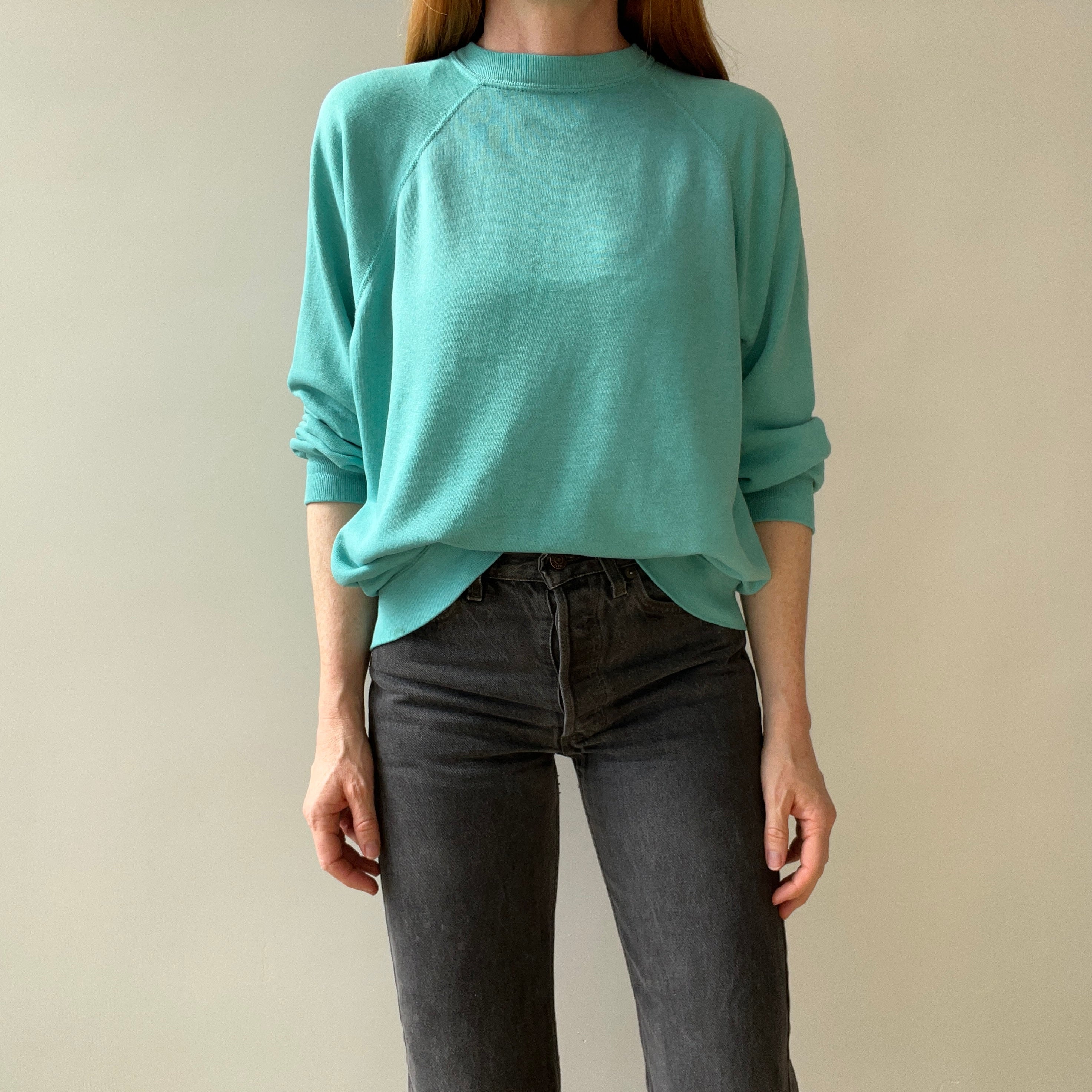 1980s Paper Thin Worn Out Sea Foam Blue Geen But Blue But Green Raglan Sweatshirt