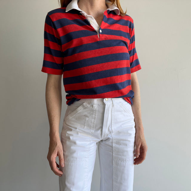 1970/80s Red, White and Blue Rad Striped Polo Shirt