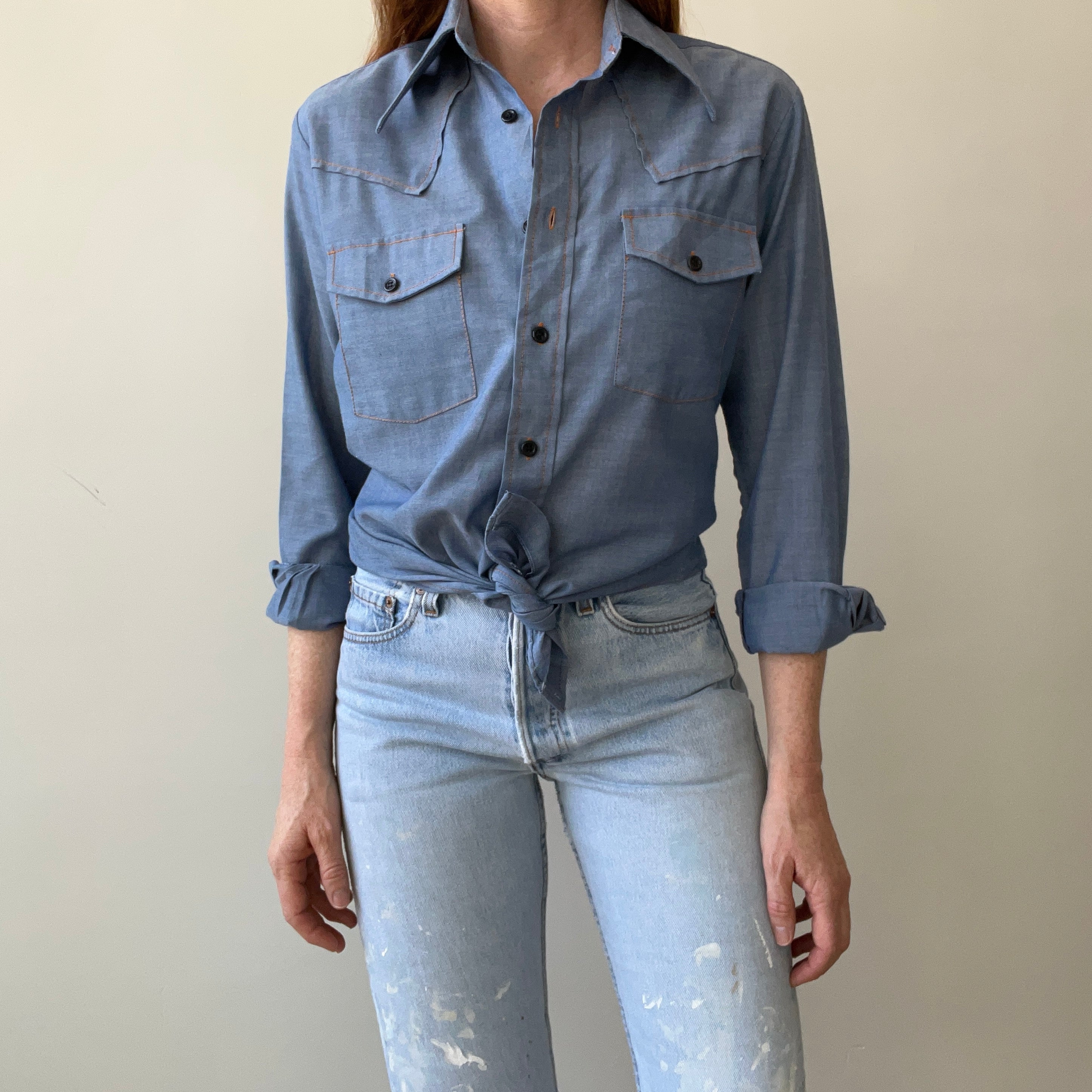 1970's Sears Chambray Style Embroidered Button-Up Shirt