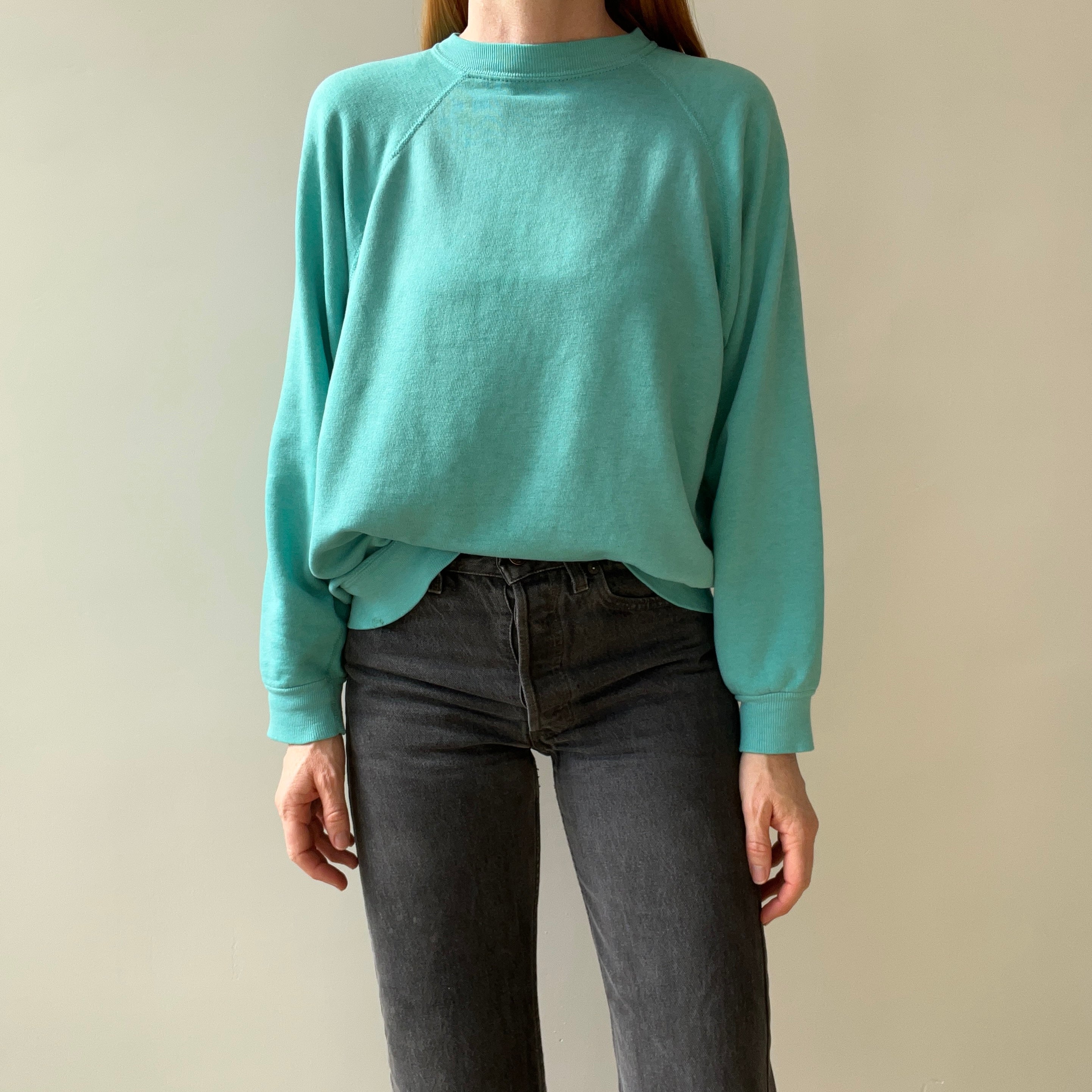 1980s Paper Thin Worn Out Sea Foam Blue Geen But Blue But Green Raglan Sweatshirt