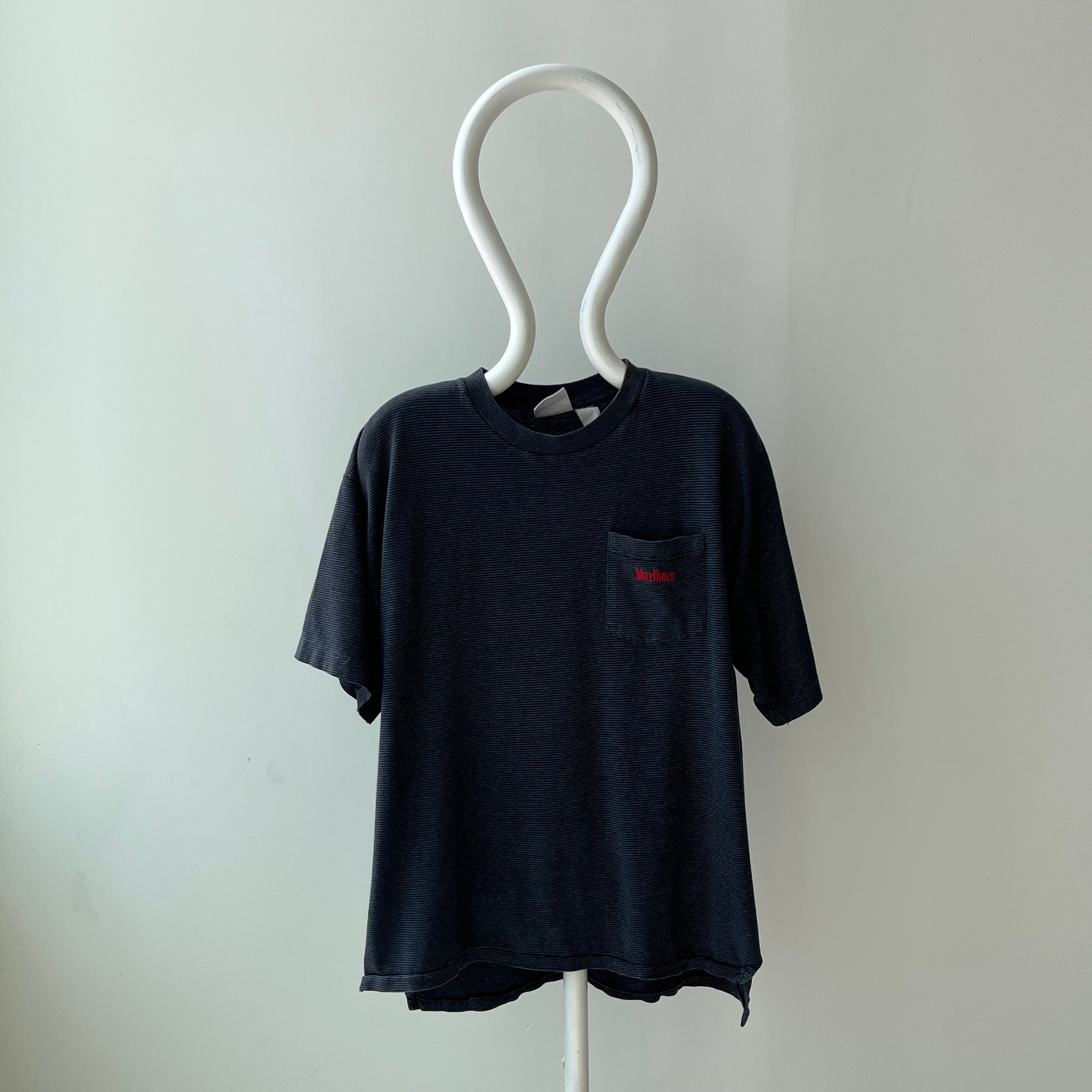 1990s Marlboro Gray and Black Striped Pocket T-Shirt