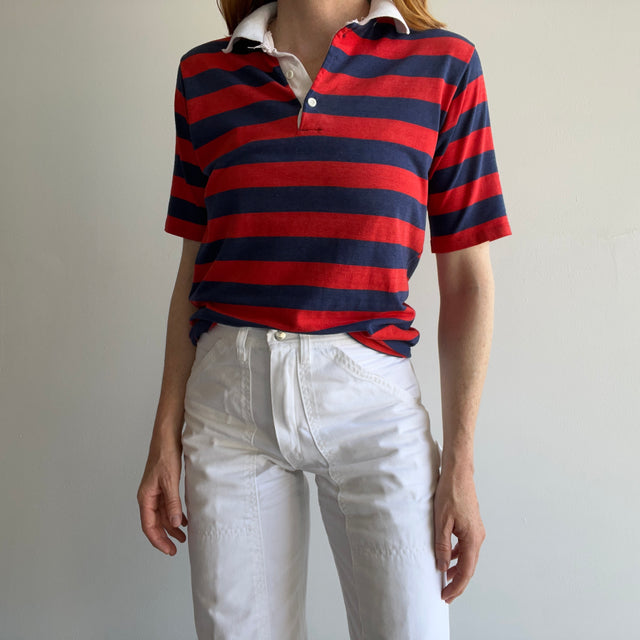 1970/80s Red, White and Blue Rad Striped Polo Shirt