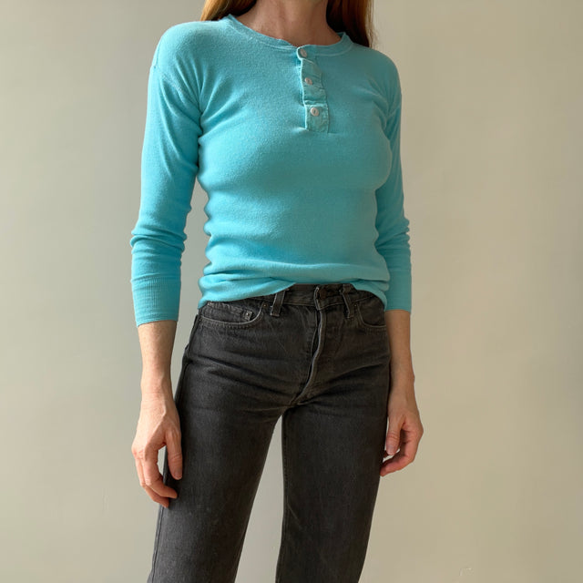 1980s Best Bright Blue Henley Long Johns Fitted Shirt