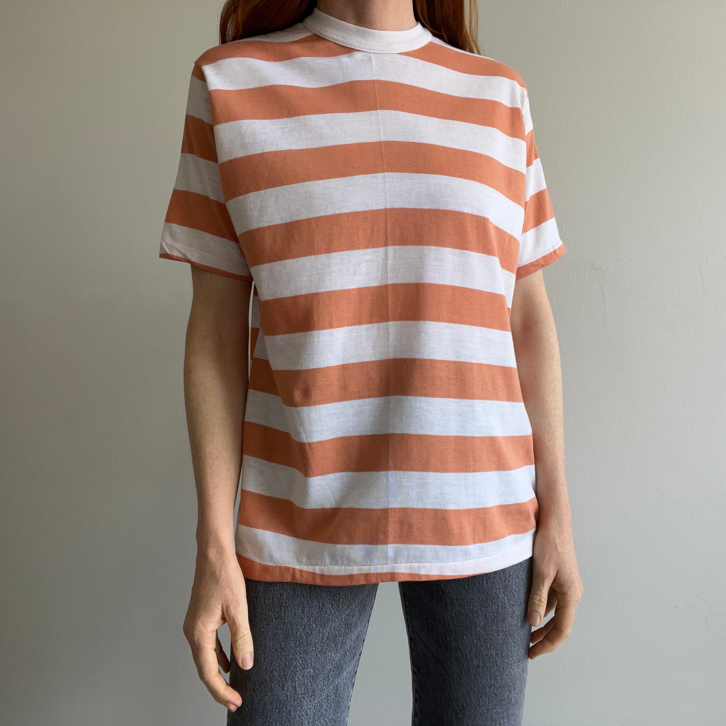 1980s Neutral Striped Barely Worn T-Shirt with Mud Splatters