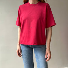 1980s Perfectly Faded and Nicely Stained (In A Cool Way) Cut Hem Blank Red Cotton T-Shirt