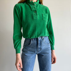 1970s Kelly Green Mock Neck Henley 100% Cotton (Velour) Long Sleeve Shirt