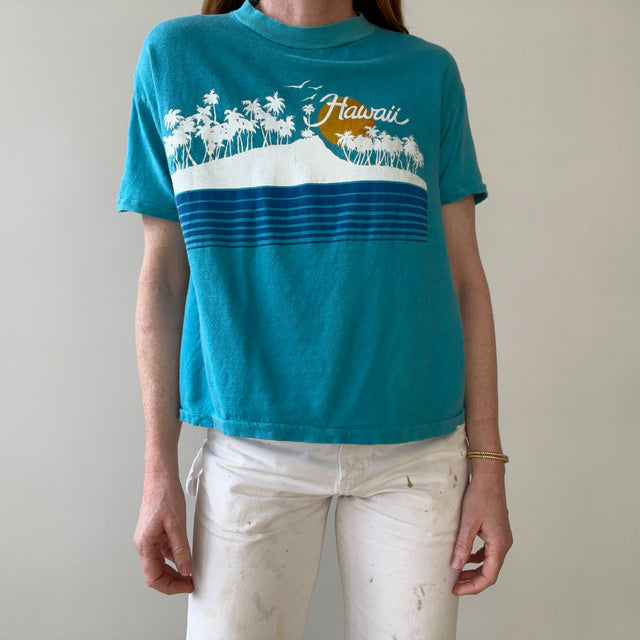 1970s Boxy Teal Hawaii T Shirt - Soft and Slouchy Knit