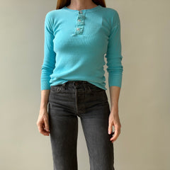 1980s Best Bright Blue Henley Long Johns Fitted Shirt