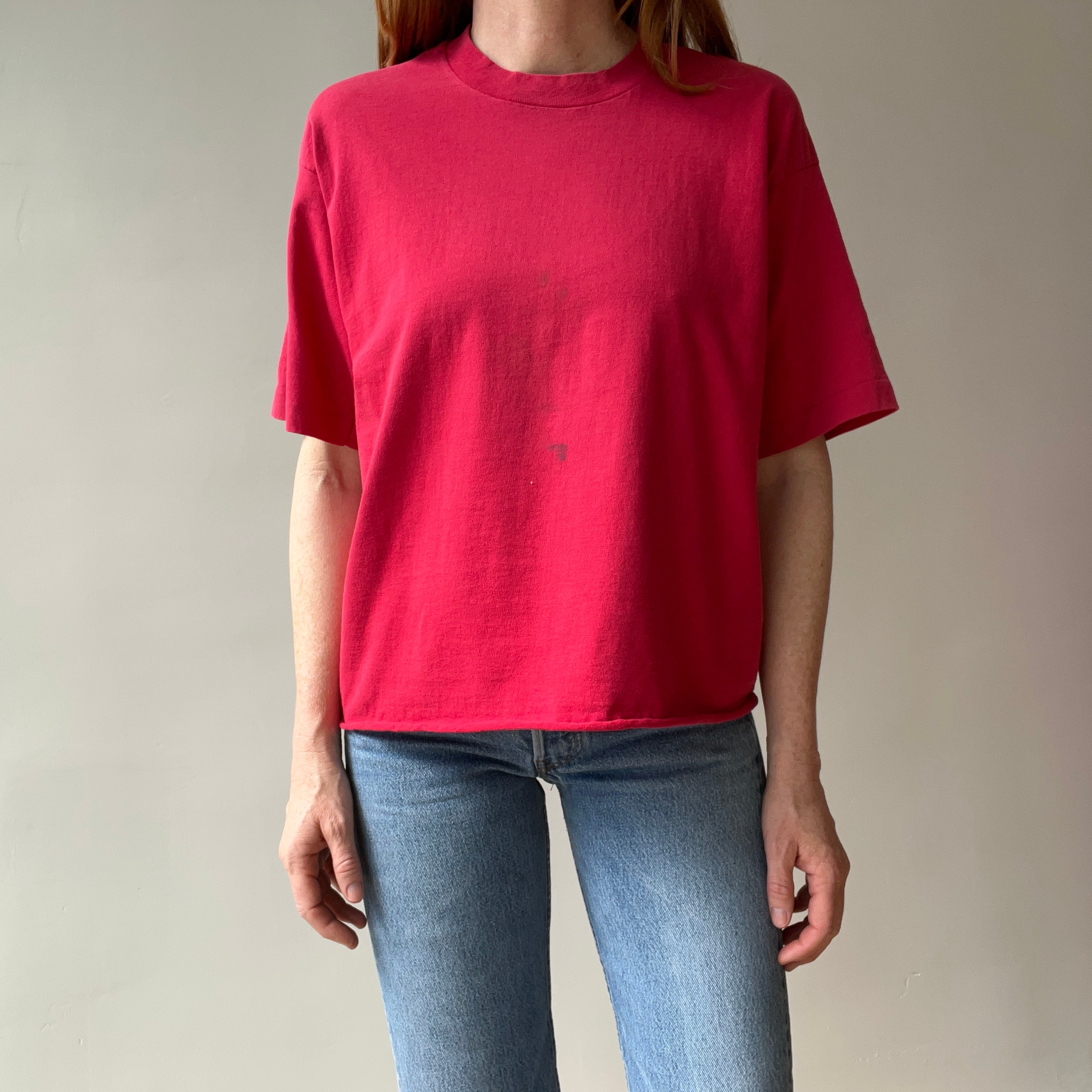 1980s Perfectly Faded and Nicely Stained (In A Cool Way) Cut Hem Blank Red Cotton T-Shirt