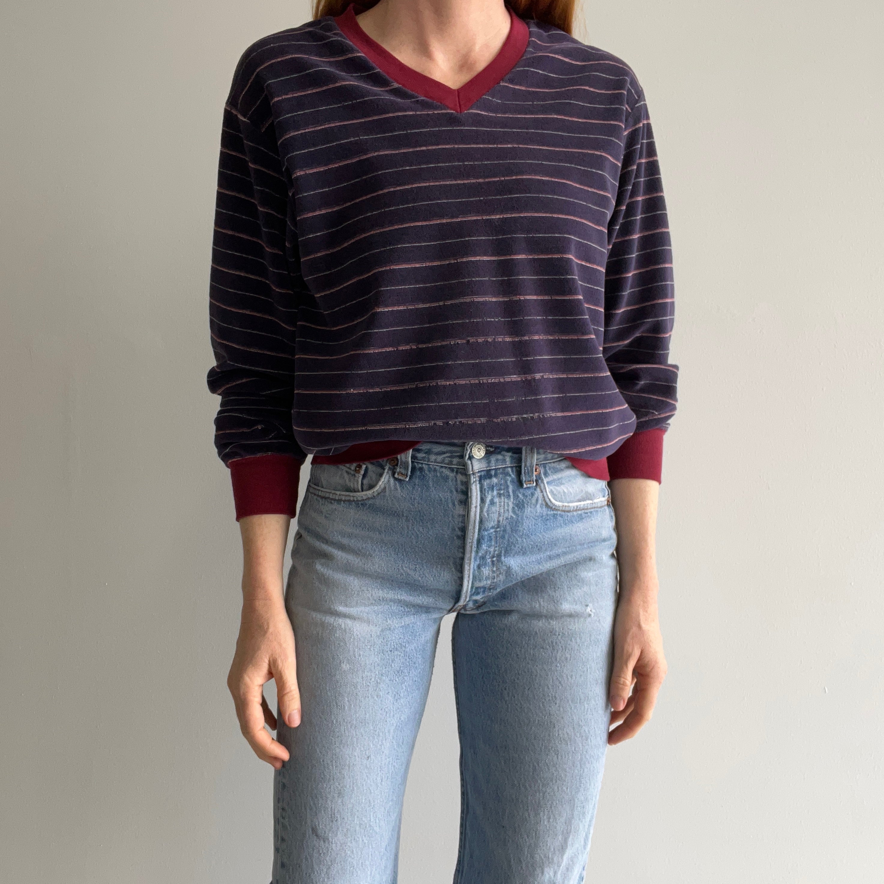 1970s Striped Velour 80 cotton/20 poly Sweatshirt