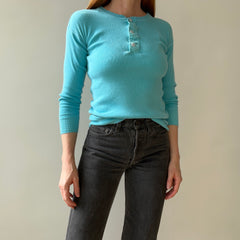 1980s Best Bright Blue Henley Long Johns Fitted Shirt