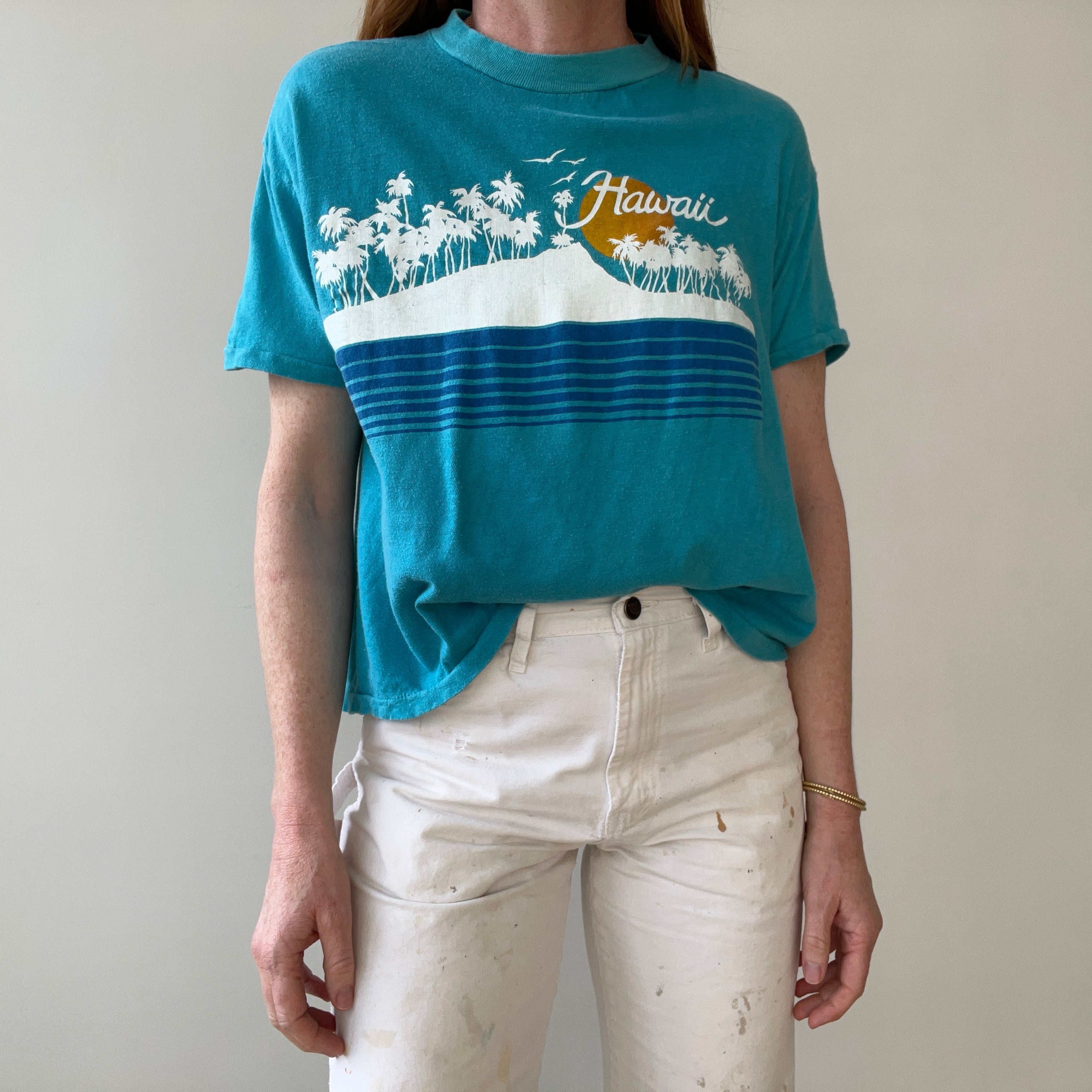 1970s Boxy Teal Hawaii T Shirt - Soft and Slouchy Knit