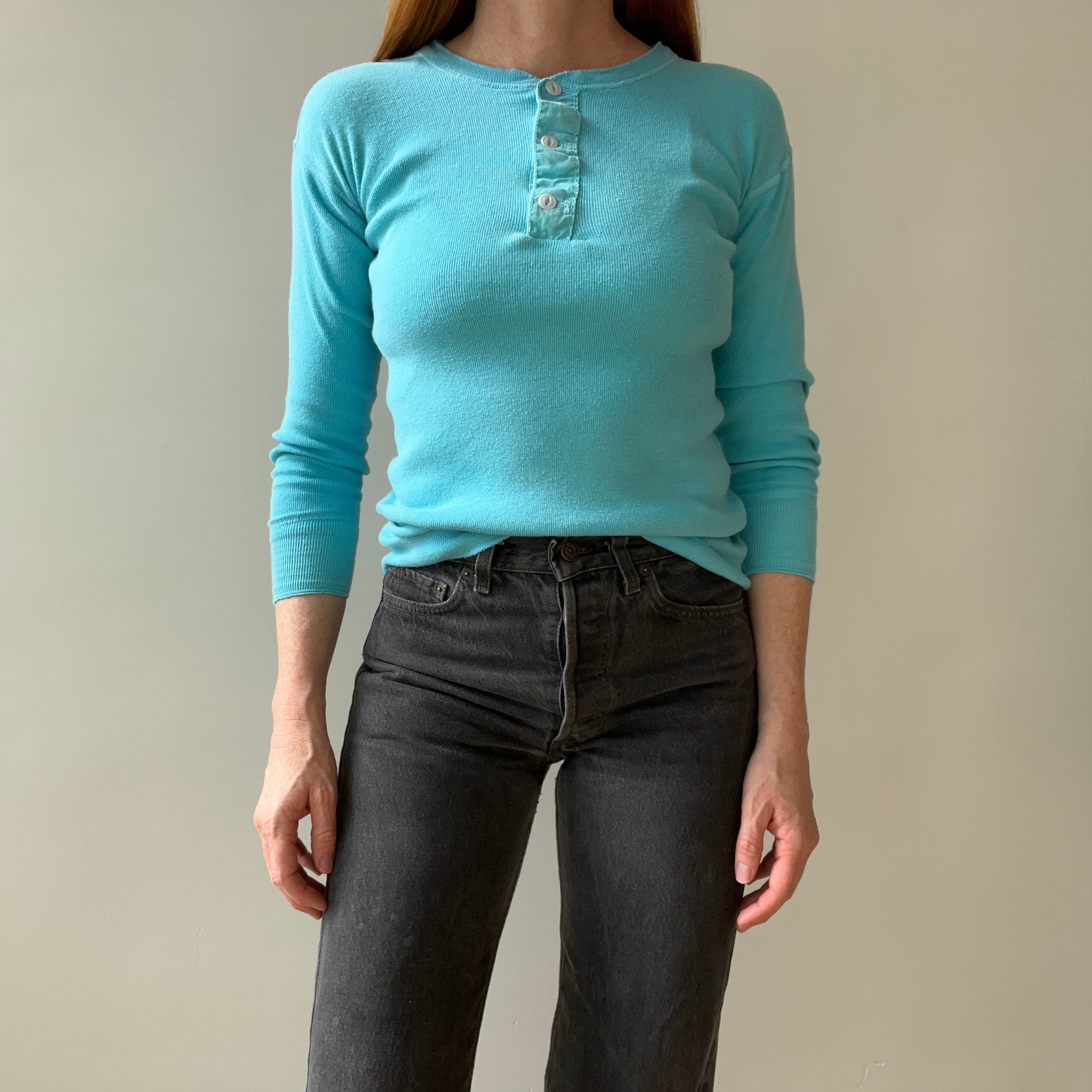 1980s Best Bright Blue Henley Long Johns Fitted Shirt