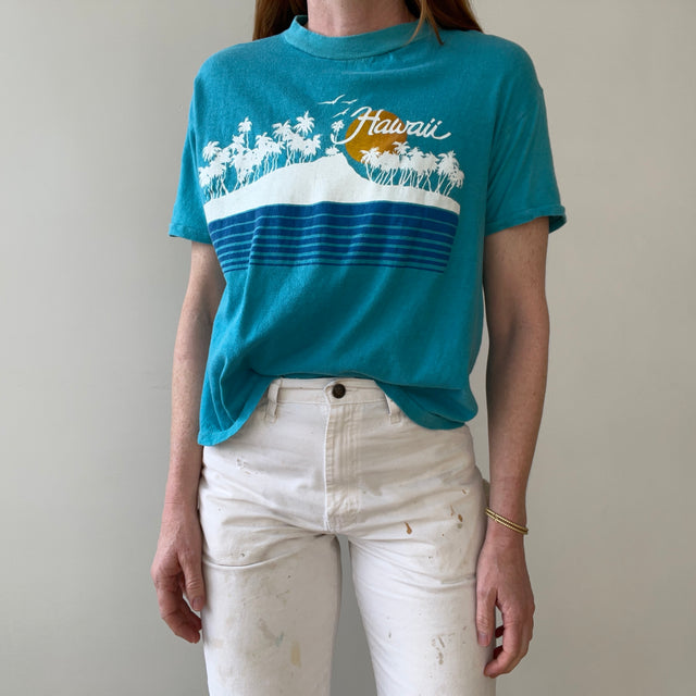 1970s Boxy Teal Hawaii T Shirt - Soft and Slouchy Knit
