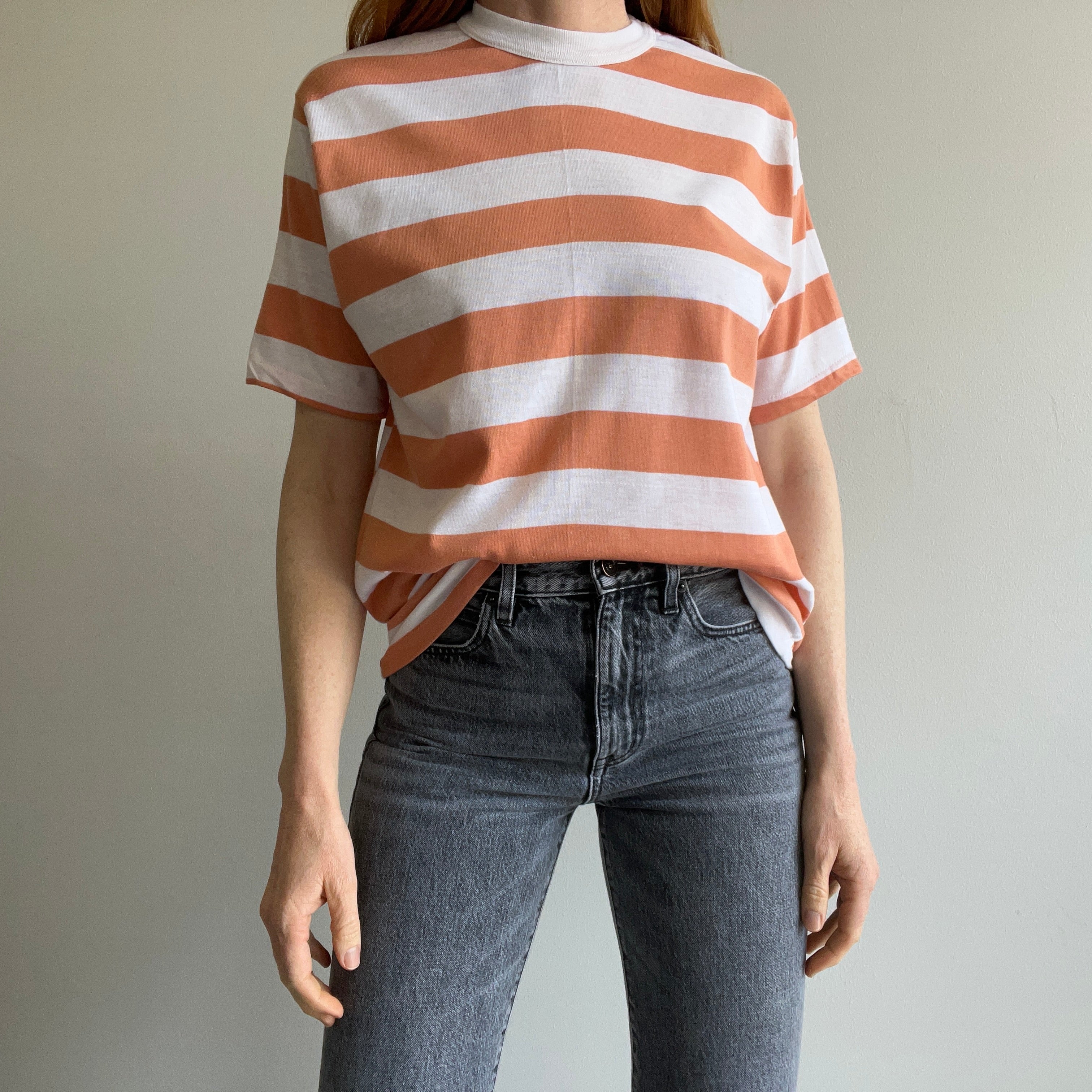 1980s Neutral Striped Barely Worn T-Shirt with Mud Splatters