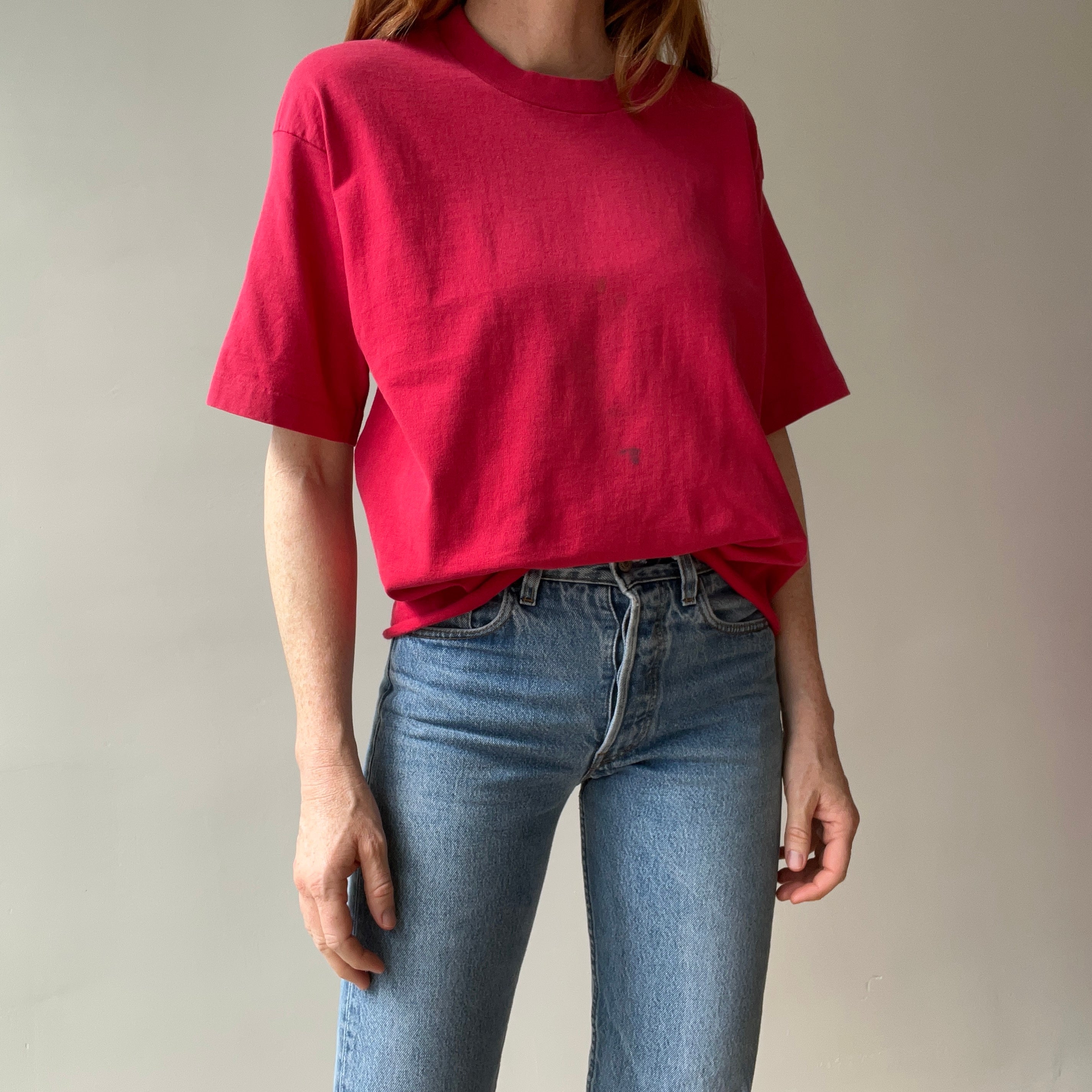 1980s Perfectly Faded and Nicely Stained (In A Cool Way) Cut Hem Blank Red Cotton T-Shirt