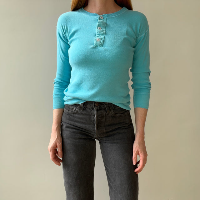 1980s Best Bright Blue Henley Long Johns Fitted Shirt