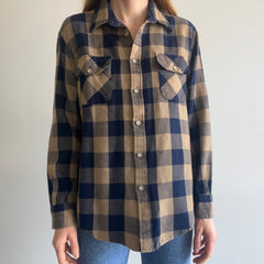 1970s Soft Tan and Navy Buffalo Plaid Flannel with Mending