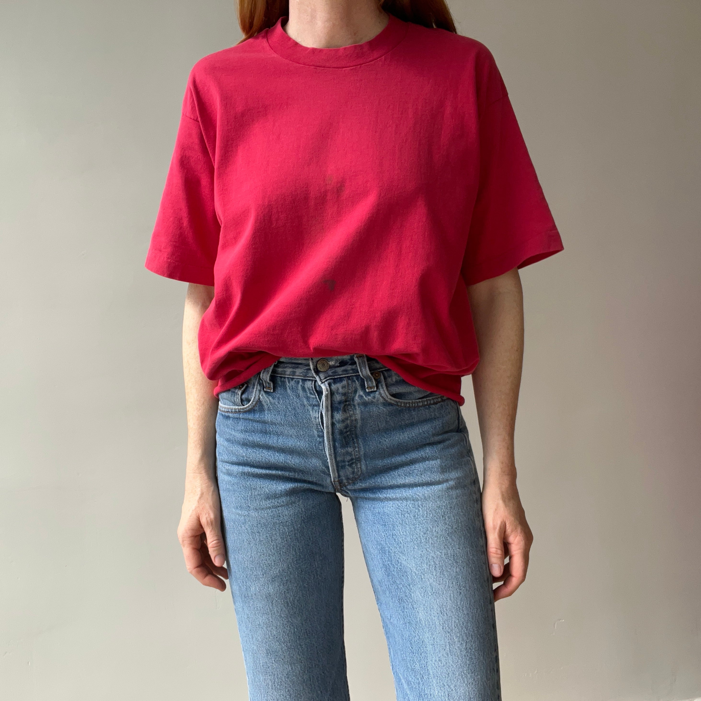 1980s Perfectly Faded and Nicely Stained (In A Cool Way) Cut Hem Blank Red Cotton T-Shirt