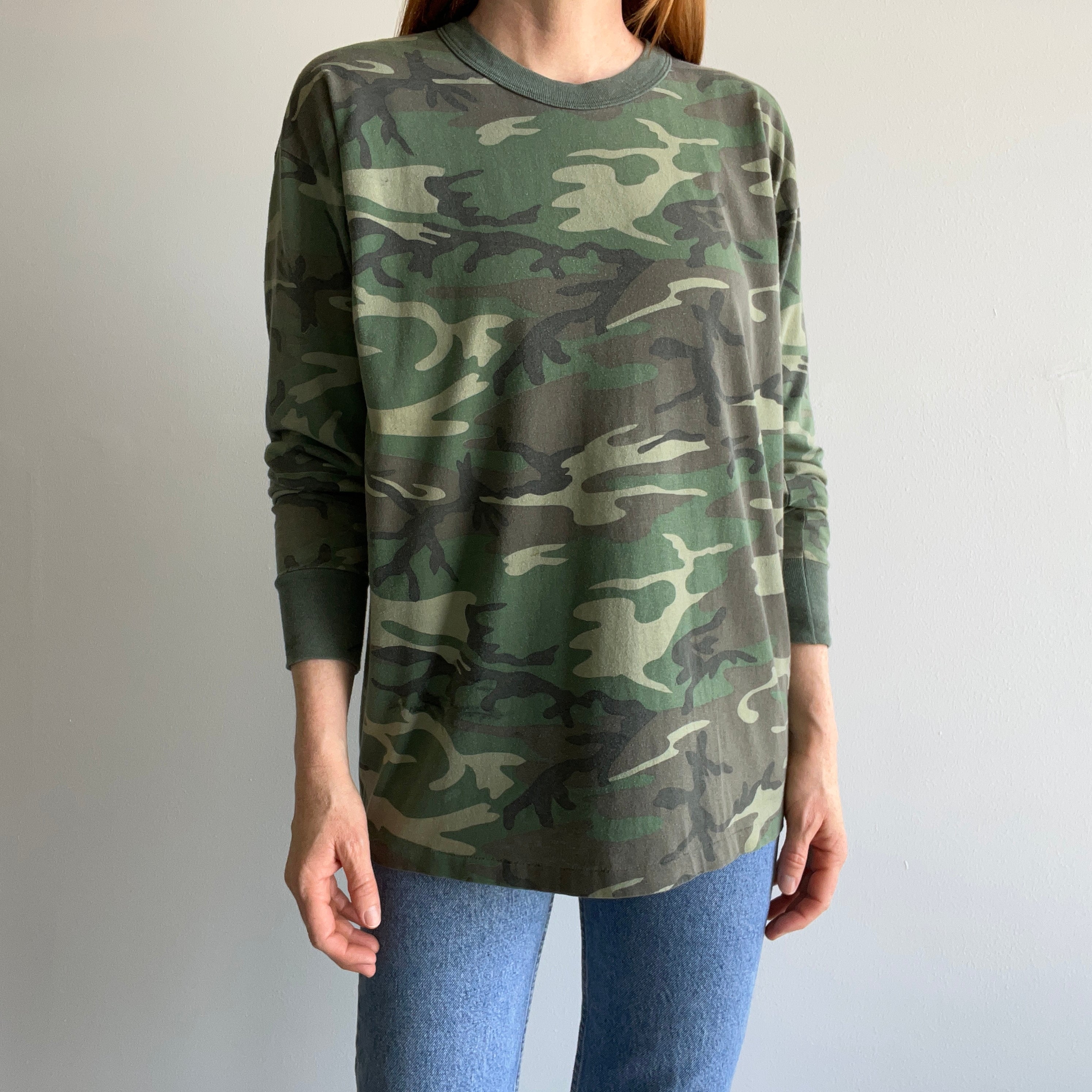 1980s Rothco Camo Long Sleeve Shirt with Staining and Wear