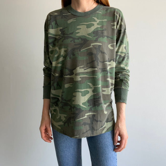 1980s Rothco Camo Long Sleeve Shirt with Staining and Wear