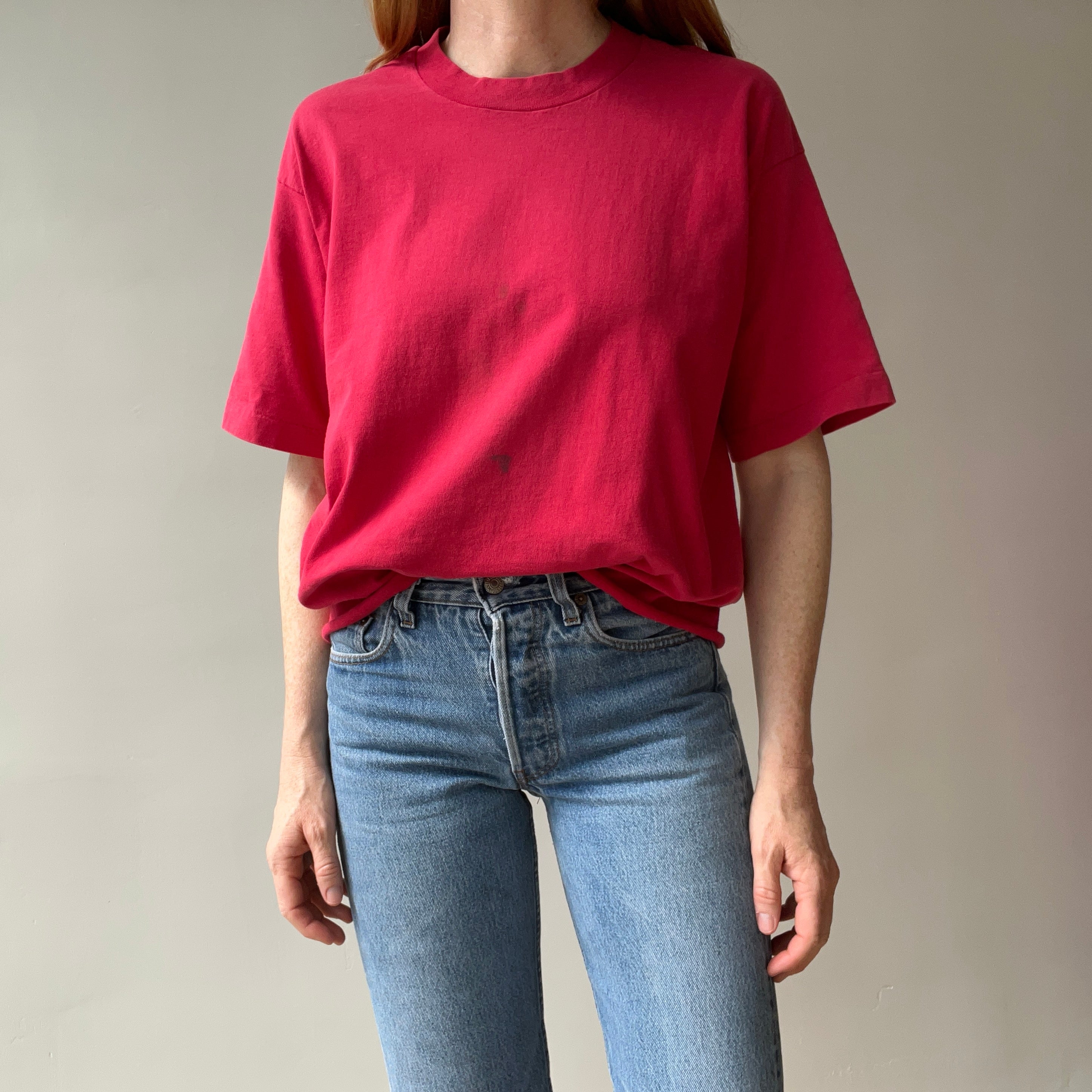 1980s Perfectly Faded and Nicely Stained (In A Cool Way) Cut Hem Blank Red Cotton T-Shirt