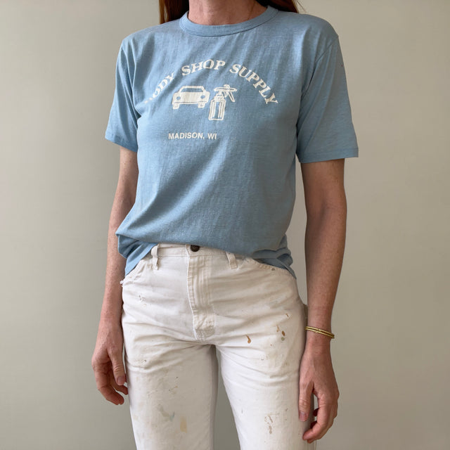 1970s/80s Baby Blue Body Shop Supply T Shirt - Front and Back