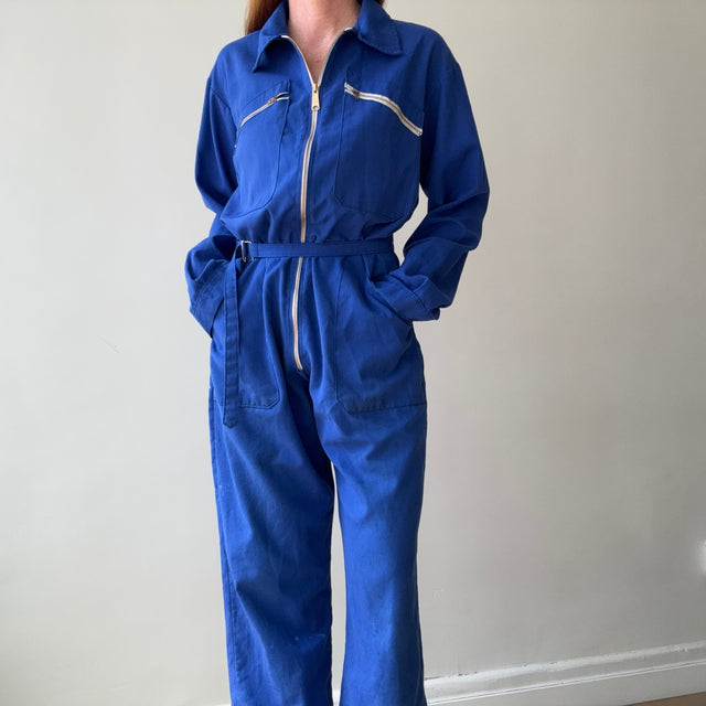 1970s French Blue Workwear Jumpsuit with Belt and Replaced Zipper - !!!!