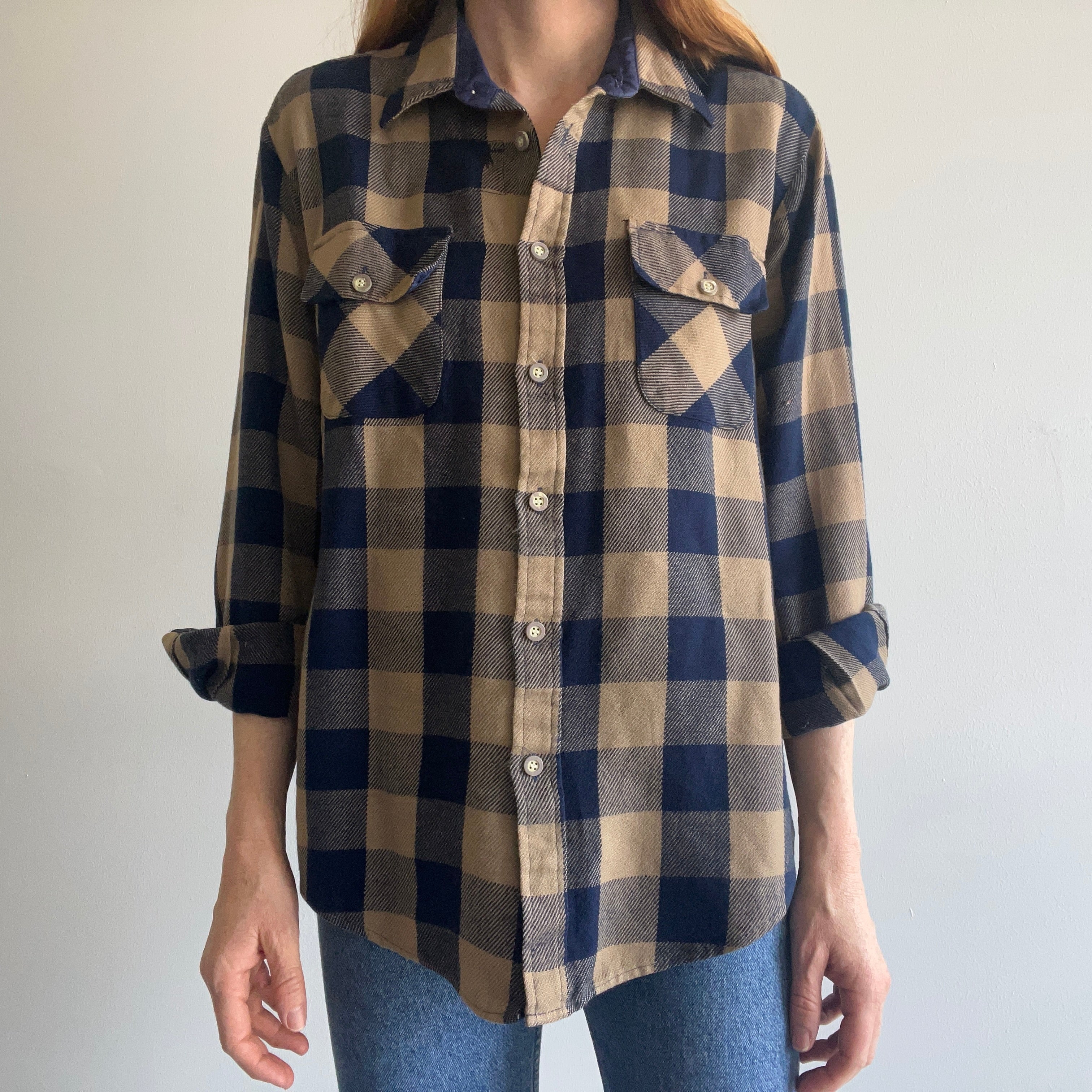 1970s Soft Tan and Navy Buffalo Plaid Flannel with Mending