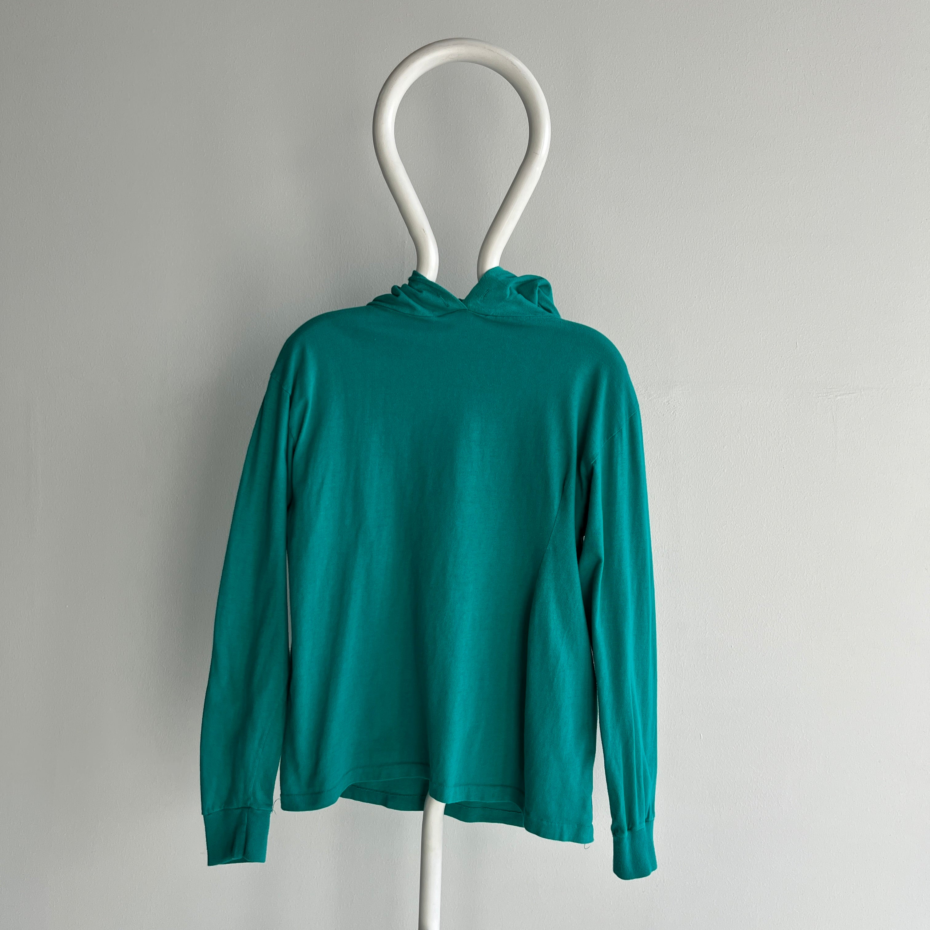 1980s Cotton Long Sleeve Teal Hoodie with Side Mending