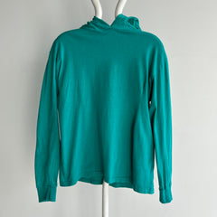 1980s Cotton Long Sleeve Teal Hoodie with Side Mending