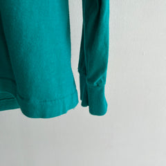 1980s Cotton Long Sleeve Teal Hoodie with Side Mending