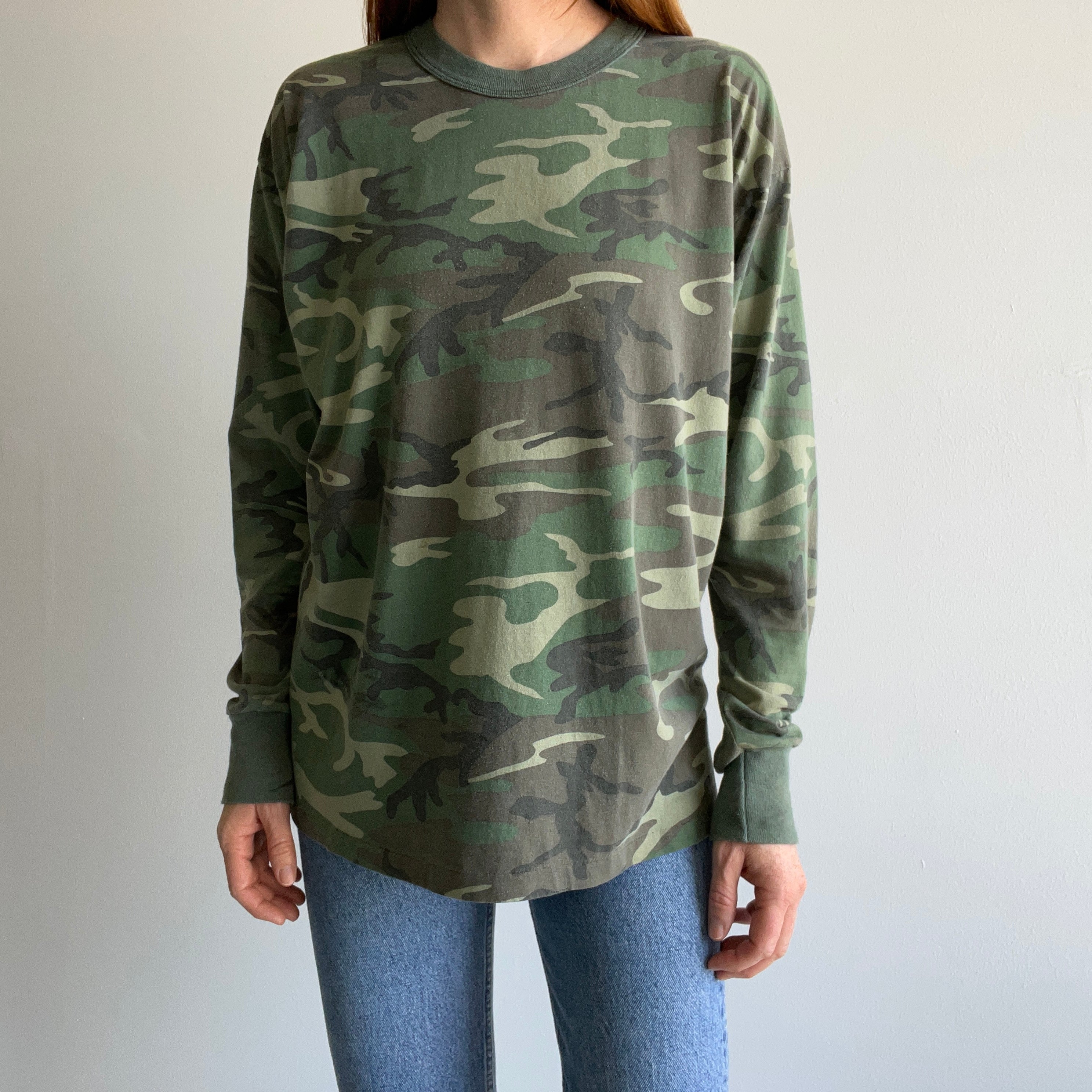 1980s Rothco Camo Long Sleeve Shirt with Staining and Wear