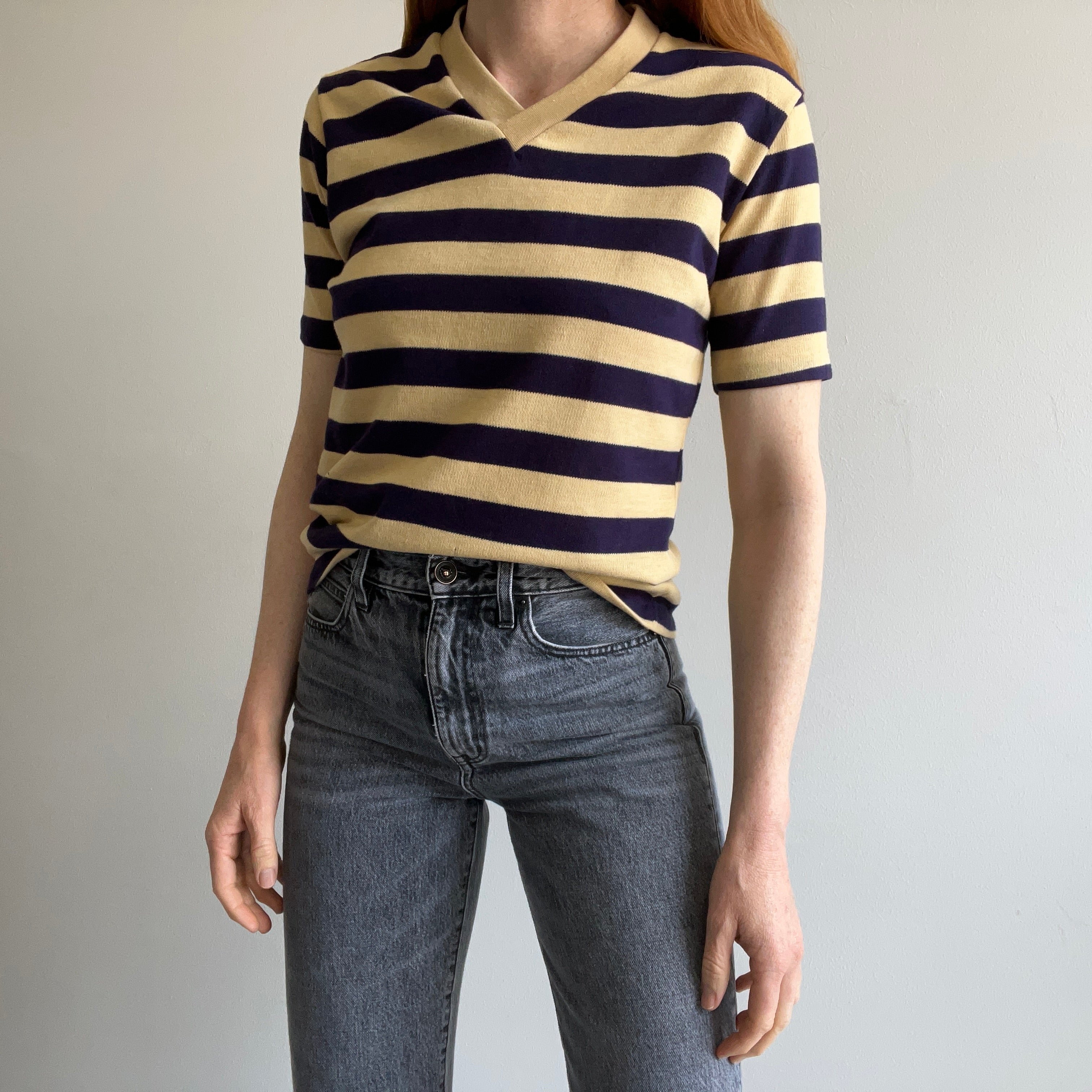 1970s Knit V-Neck Striped T-Shirt