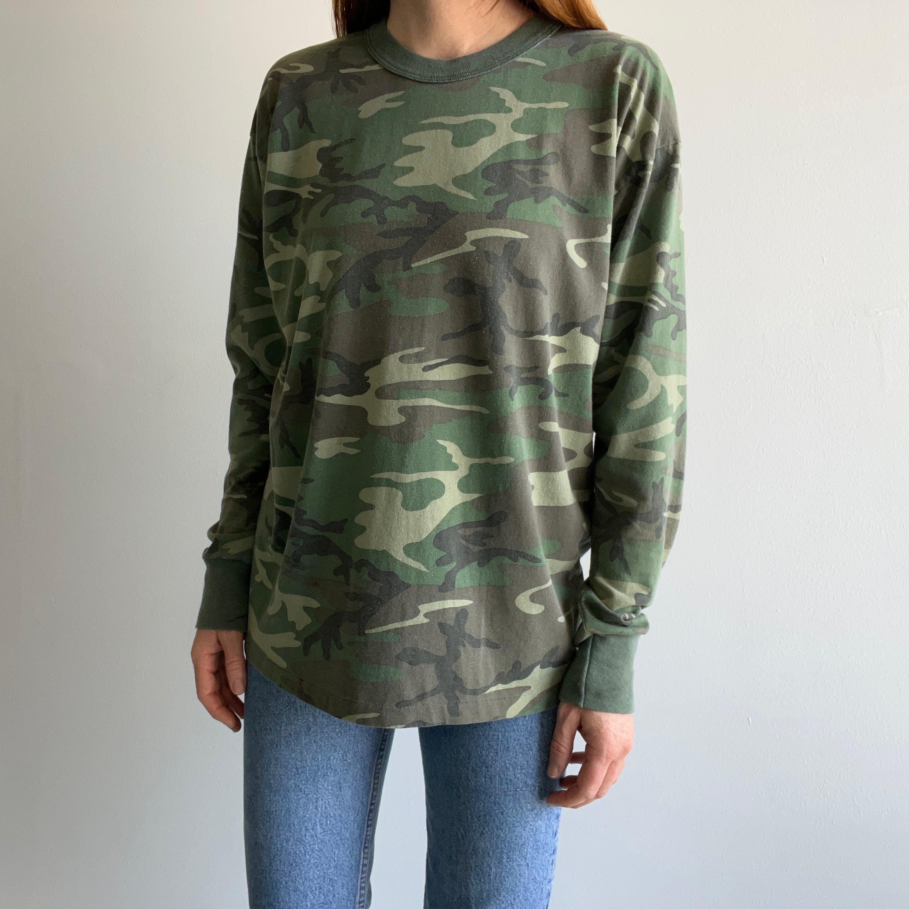 1980s Rothco Camo Long Sleeve Shirt with Staining and Wear