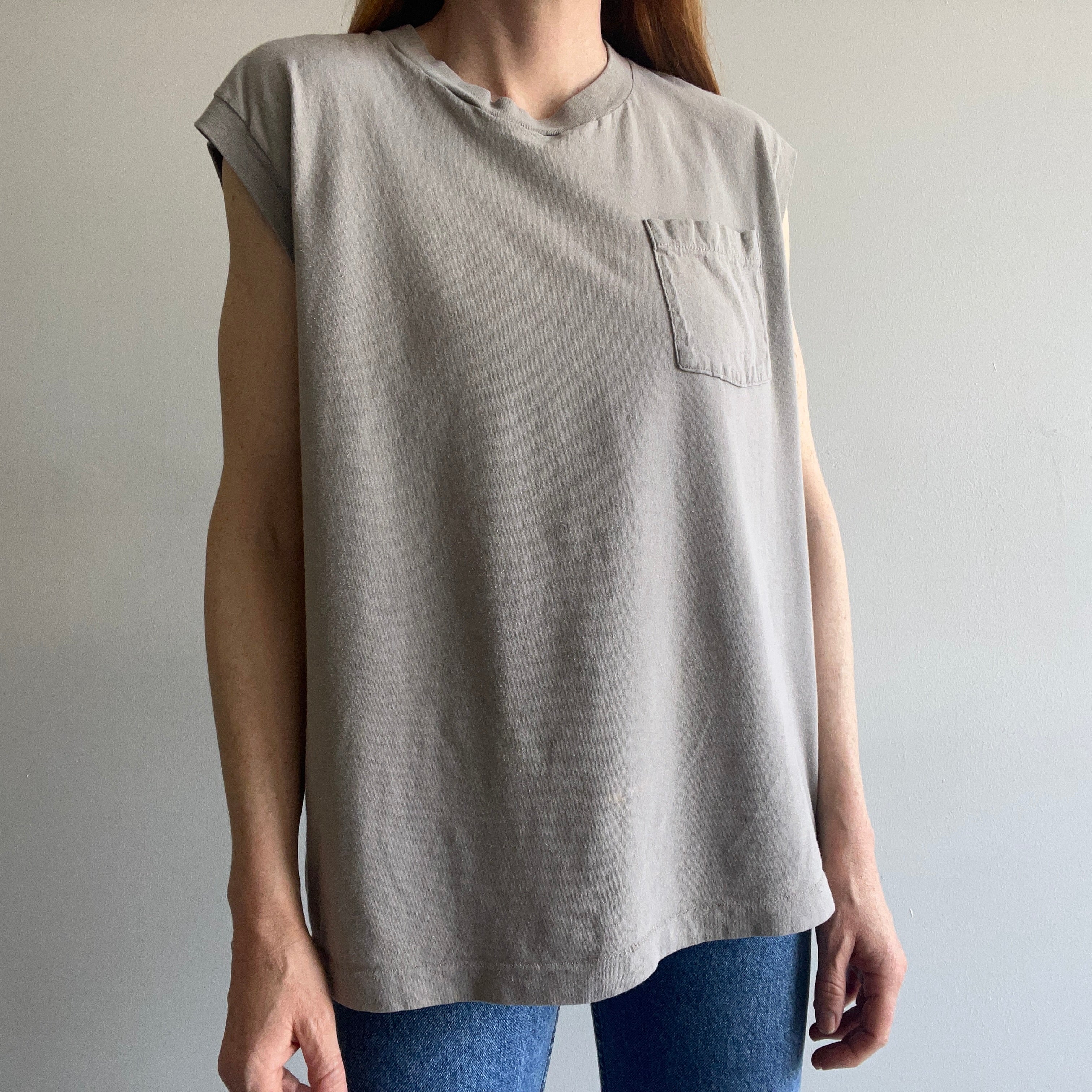 1980s Khaki Muscle Tank Top with a Selvedge Pocket