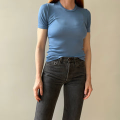 1970/80s Made in France Nylon Stretchy Fitted Sky Blue T-Shirt - Great for Layering