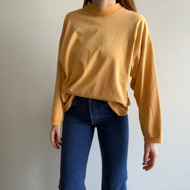 1980s Super Faded "Washed" Orange Long Sleeve Cotton Mock Neck T-Shirt