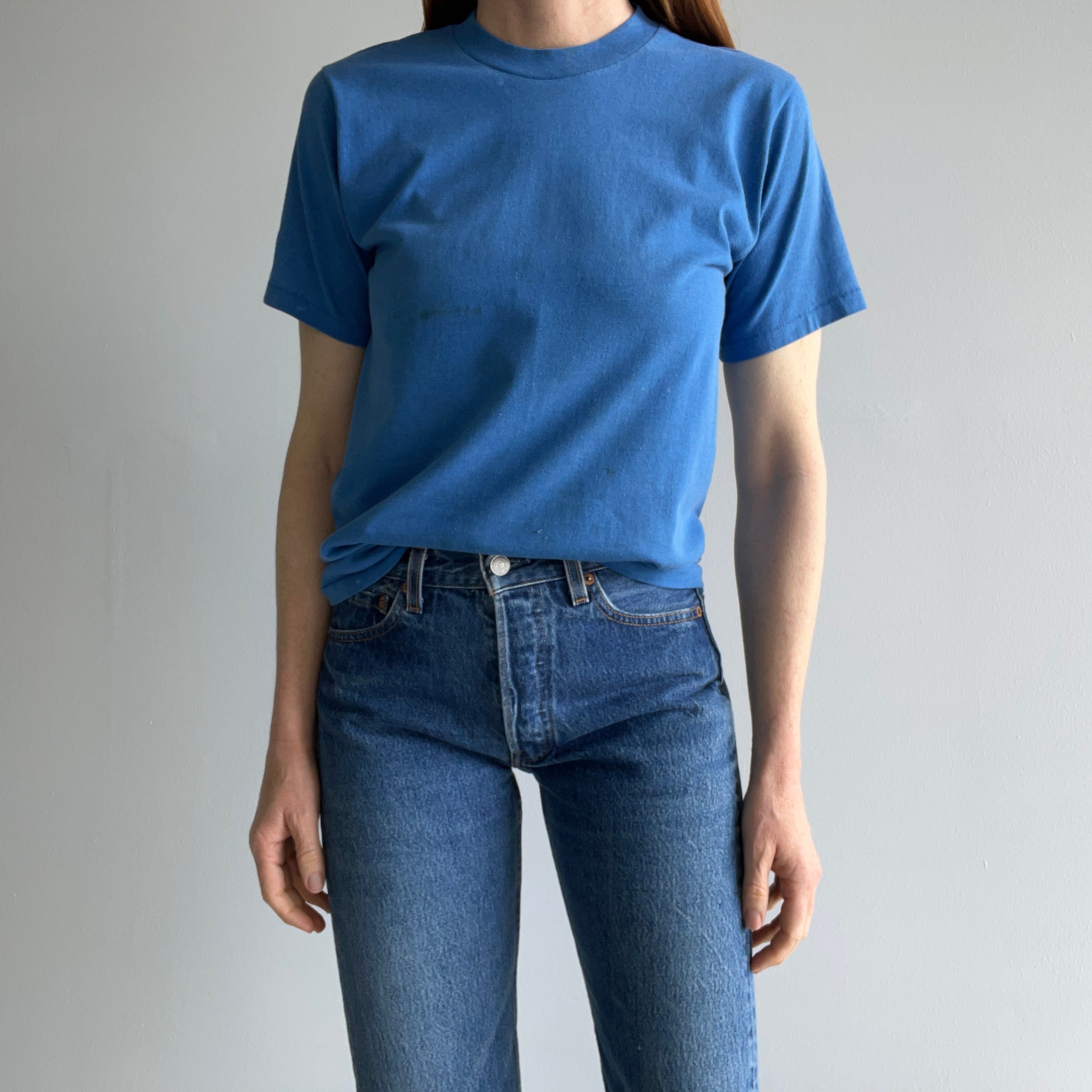 1980s Heavily Stained Faded Blank Blue T-Shirt - Swoon