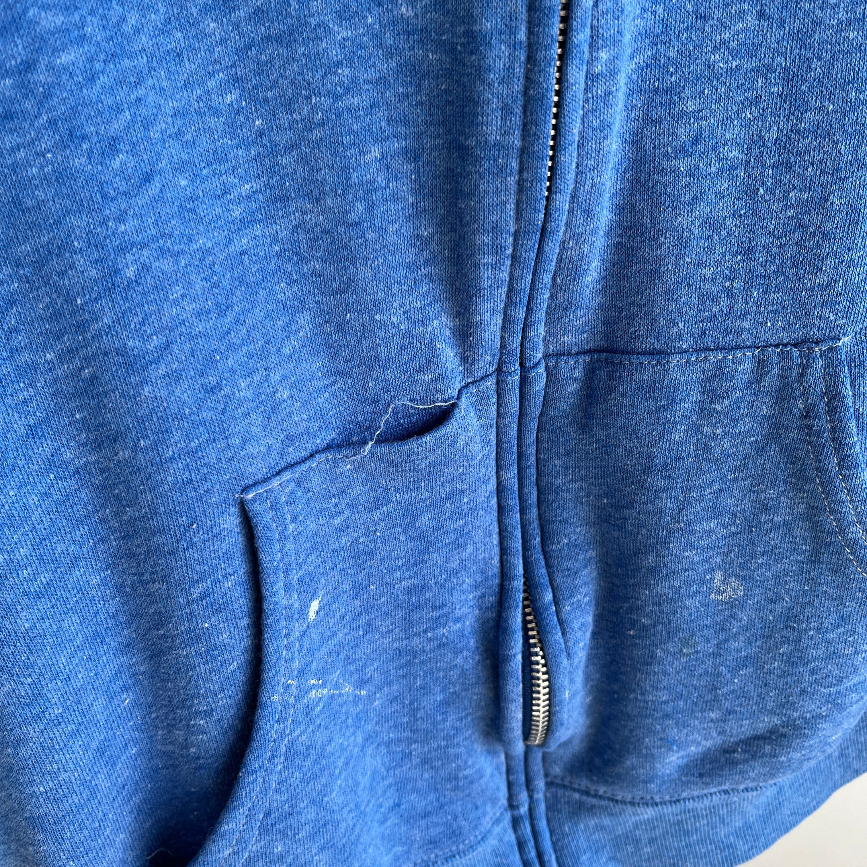 1980s Paint Stained Zip Up Hoodie in Heather Blue