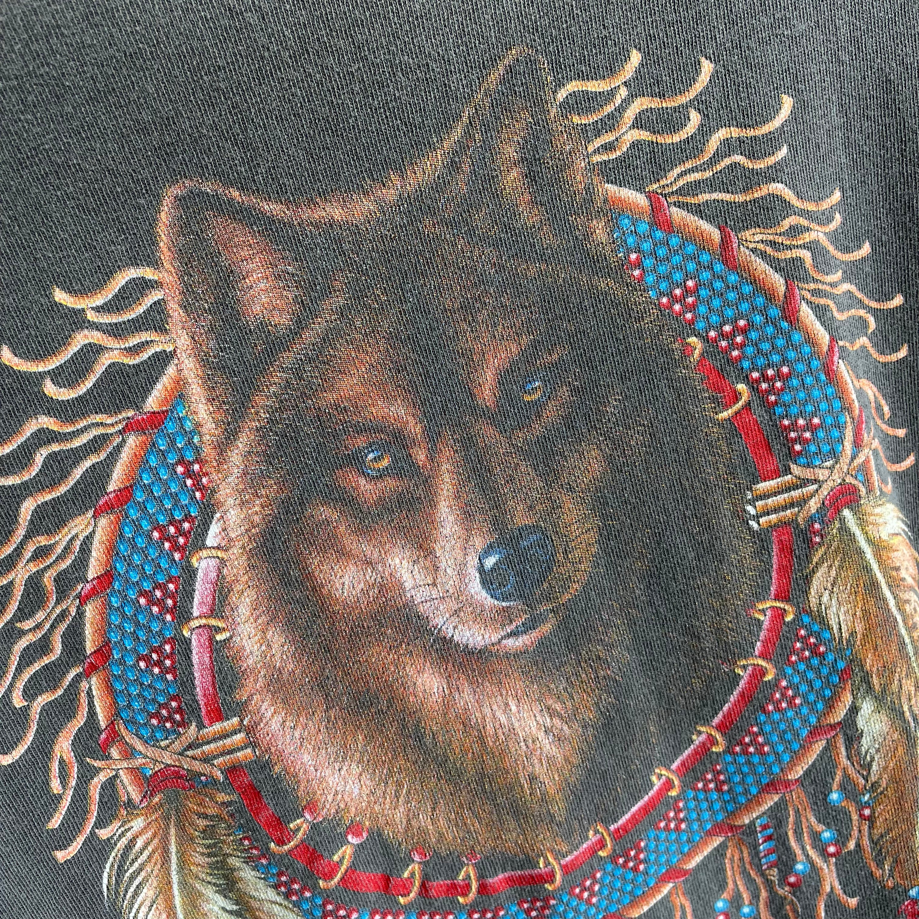 1990s Wolf in a Dream Catcher Relaxed Fit T-Shirt