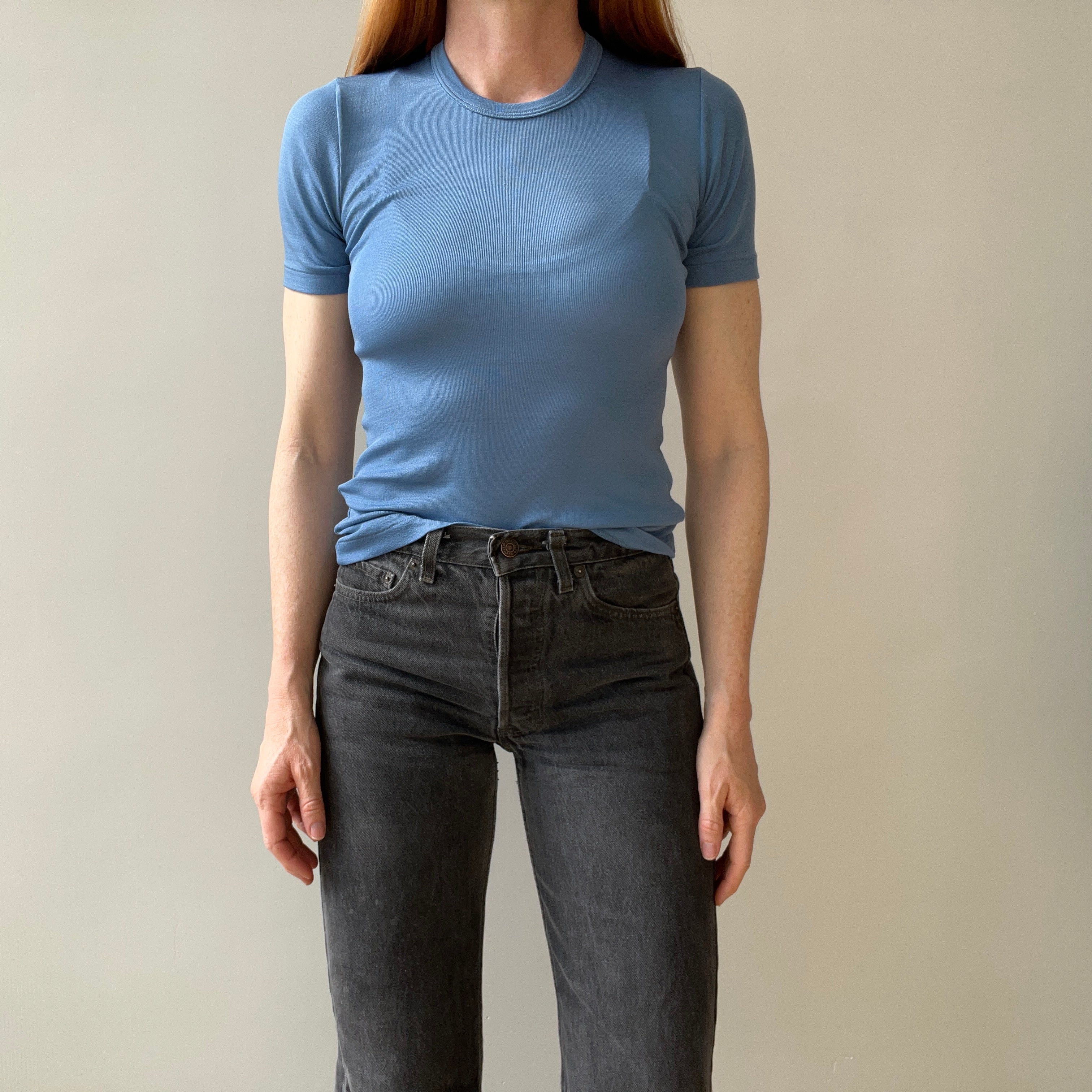 1970/80s Made in France Nylon Stretchy Fitted Sky Blue T-Shirt - Great for Layering